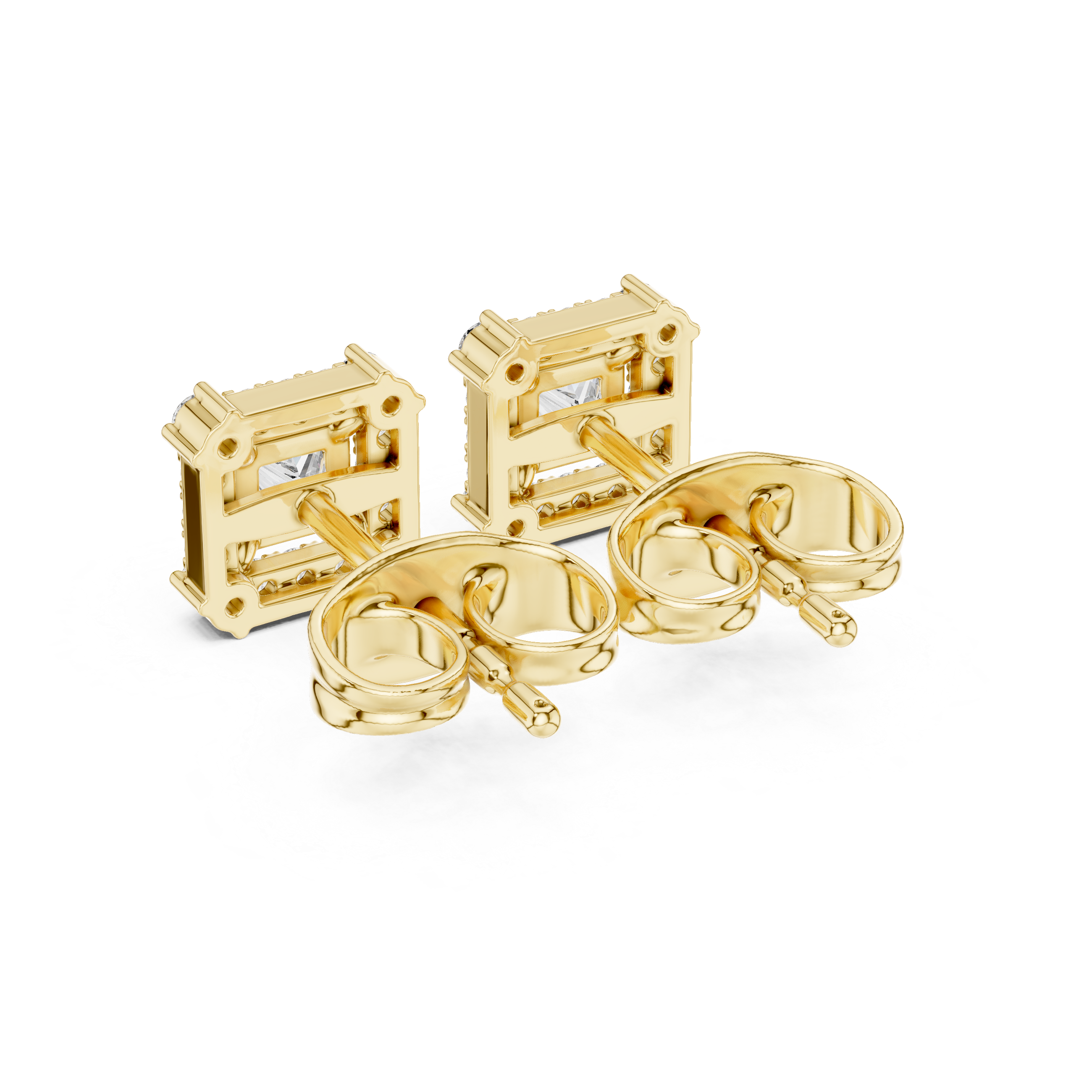 Princess-cut halo stud earrings with yellow gold setting and square center stone detail