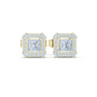 Princess-cut gemstone halo stud earrings, yellow-gold tone, rectangular diamond settings.