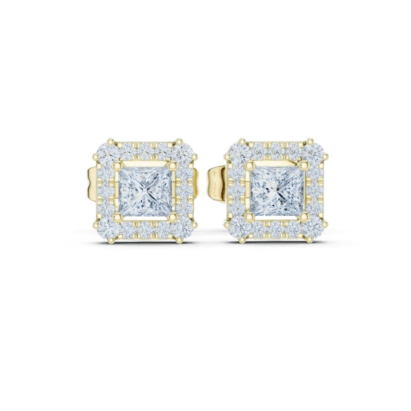 Princess-cut gemstone halo stud earrings, yellow-gold tone, rectangular diamond settings.