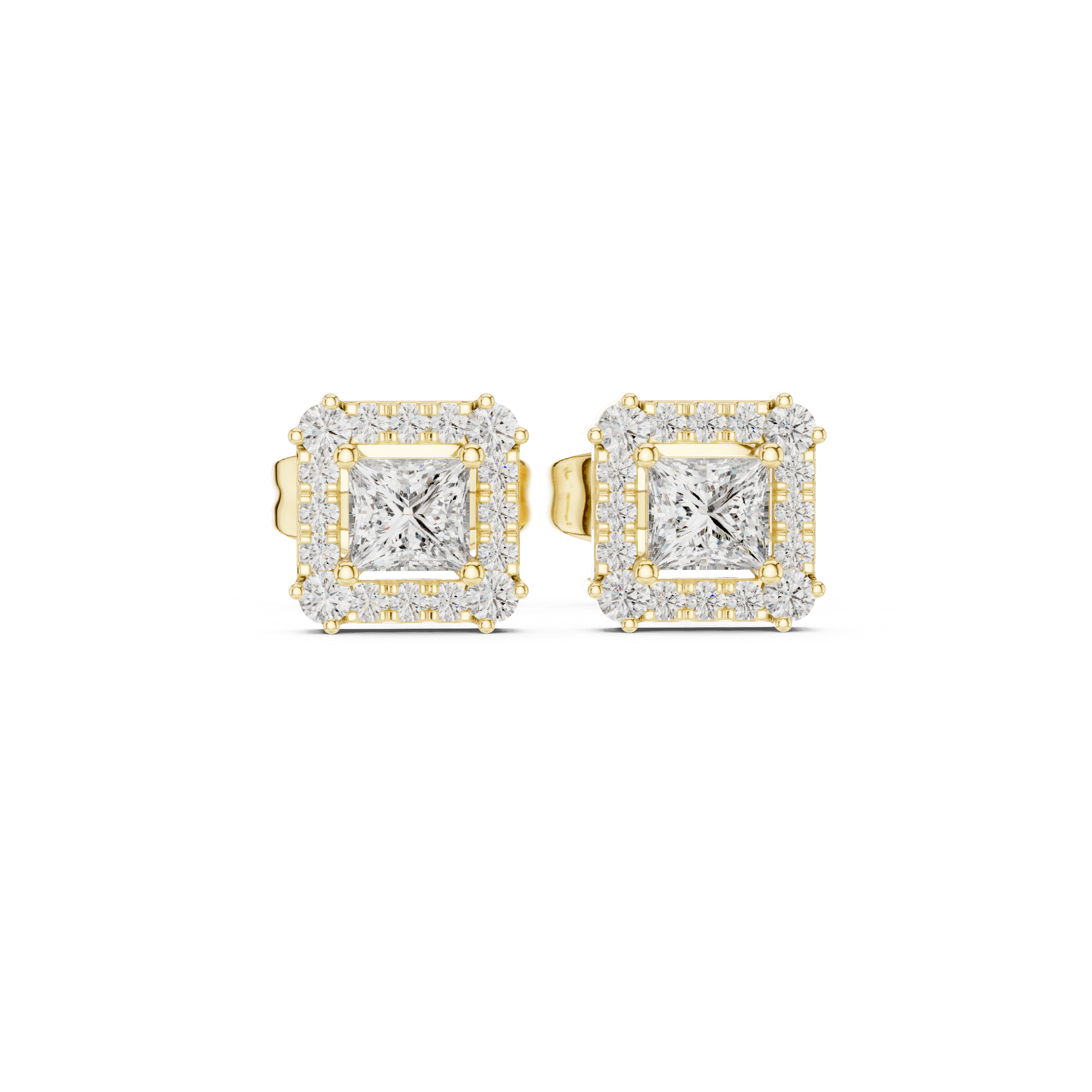 Princess-cut diamond stud earrings with halo, front view, yellow gold settings