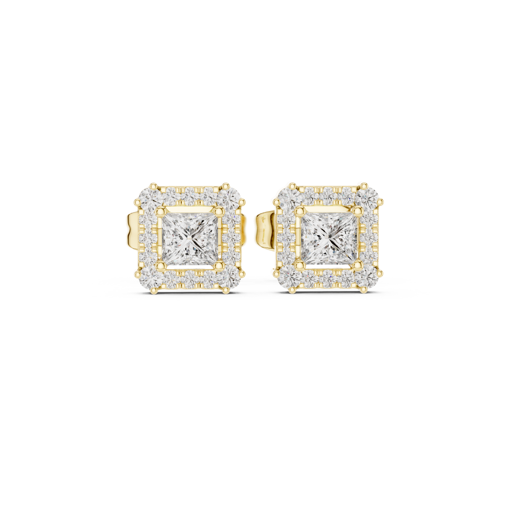 Princess-cut diamond halo stud earrings, yellow gold square centers with micro-pavé halo.