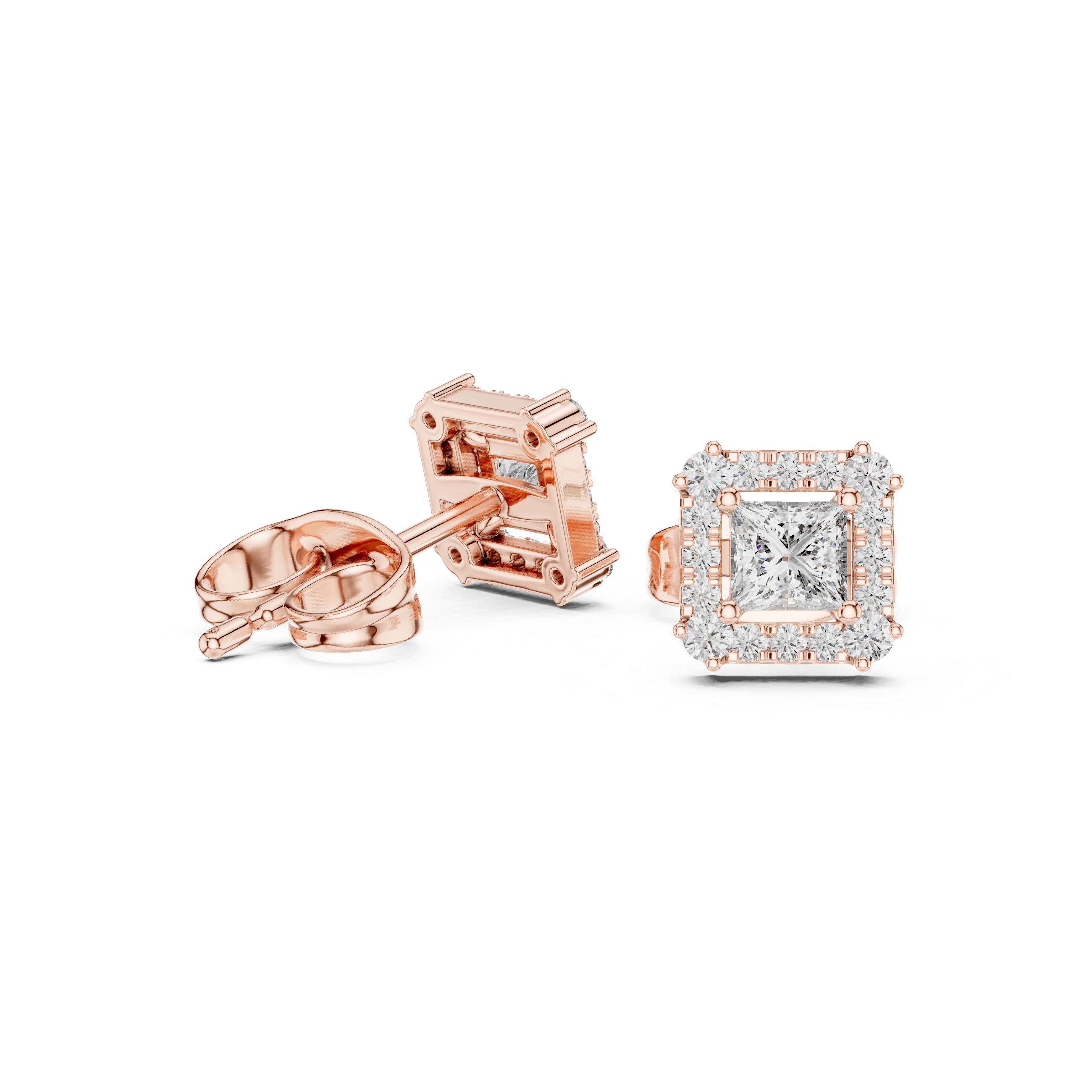 Princess-cut diamond halo stud earrings, rose gold with square center stone and pavé halo.