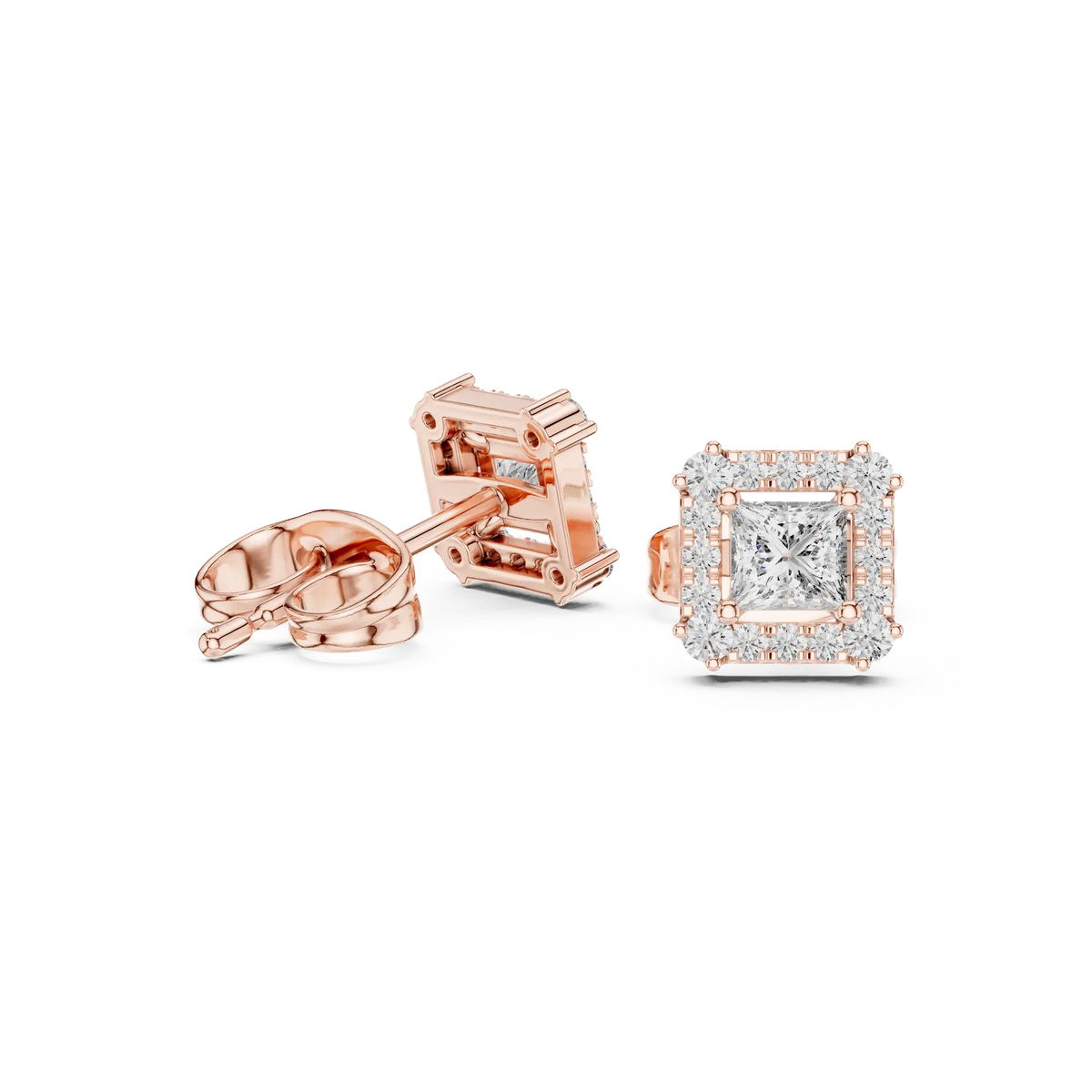 Princess-cut diamond stud earrings with halo, rose gold settings