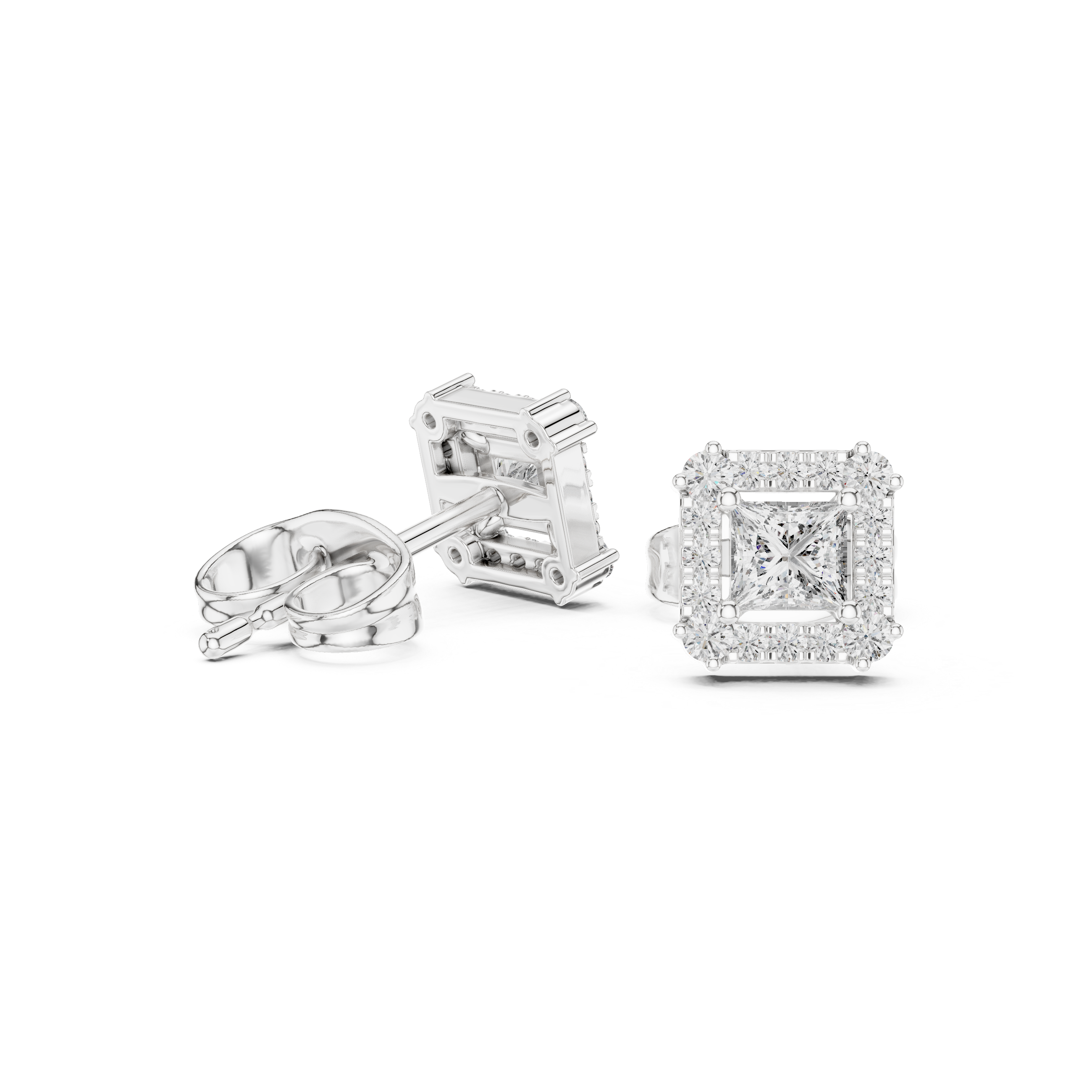 Princess-cut diamond halo stud earrings, white gold back view with square center stones.