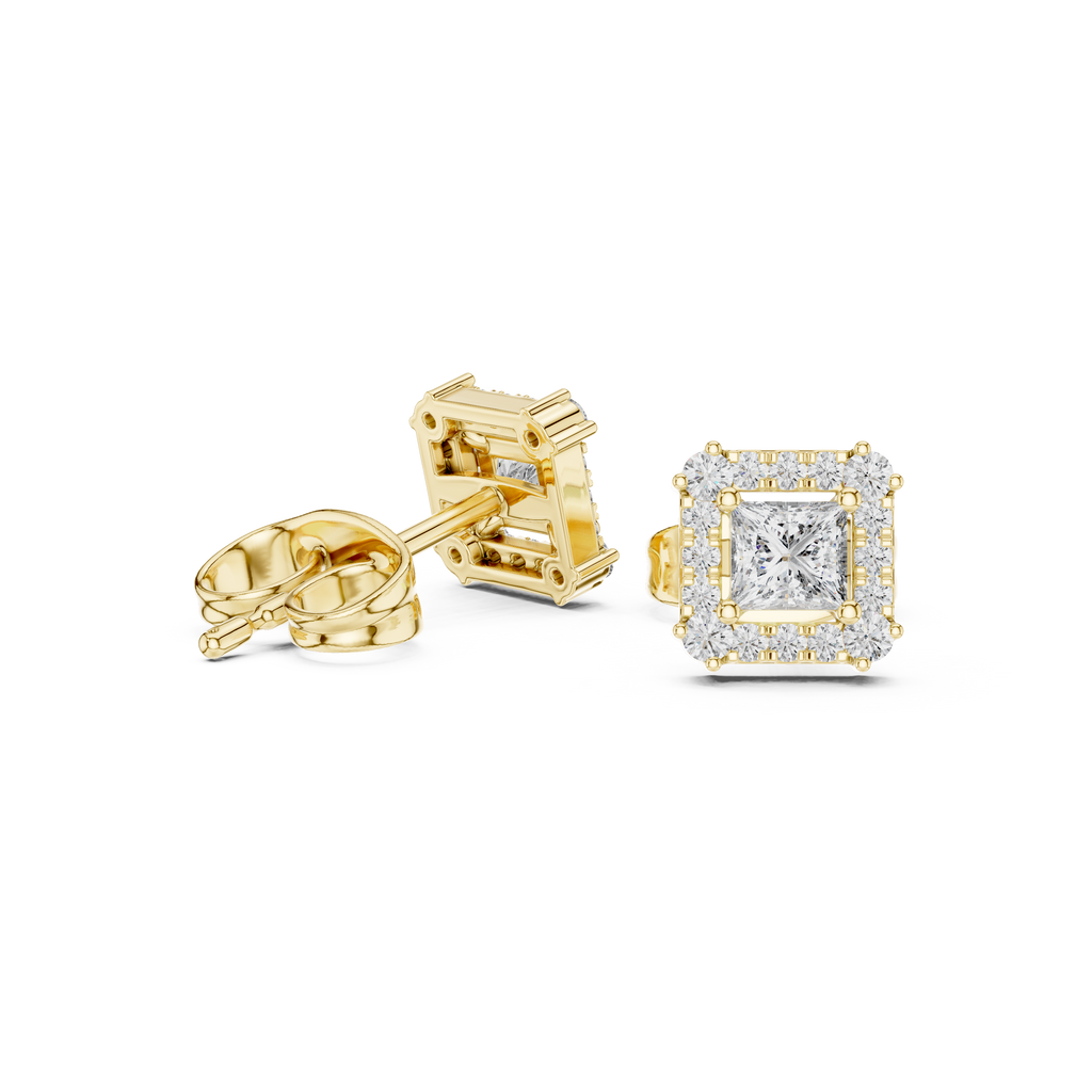 Princess-cut halo stud earrings in yellow gold with central color stone and diamond accents
