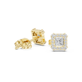 Princess-cut diamond stud earrings with halo, straight-on, yellow gold settings