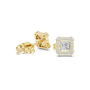 Princess-cut diamond stud earrings with halo, straight-on, yellow gold settings