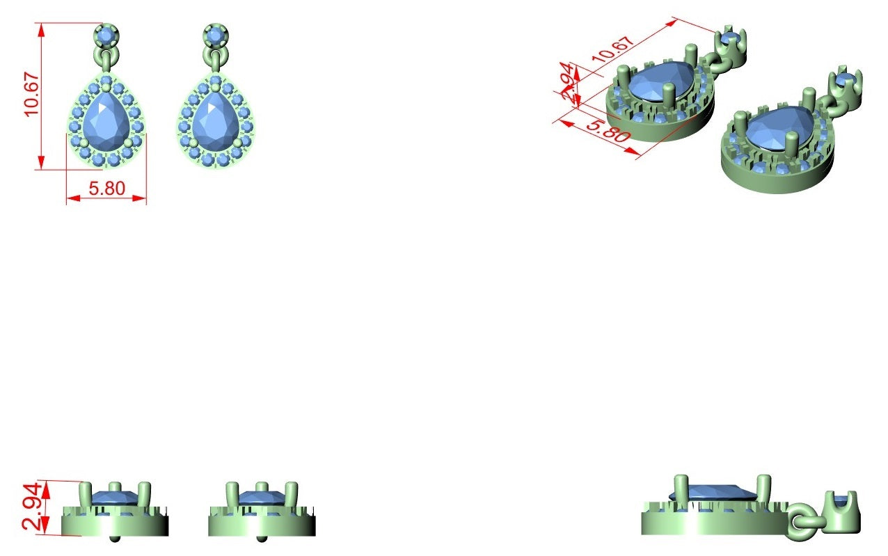 Blue pear-shaped halo drop earrings with measurement callouts