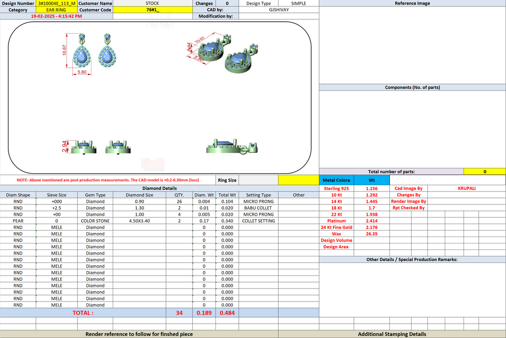 Earring specification sheet showing pear halo drop and measurements