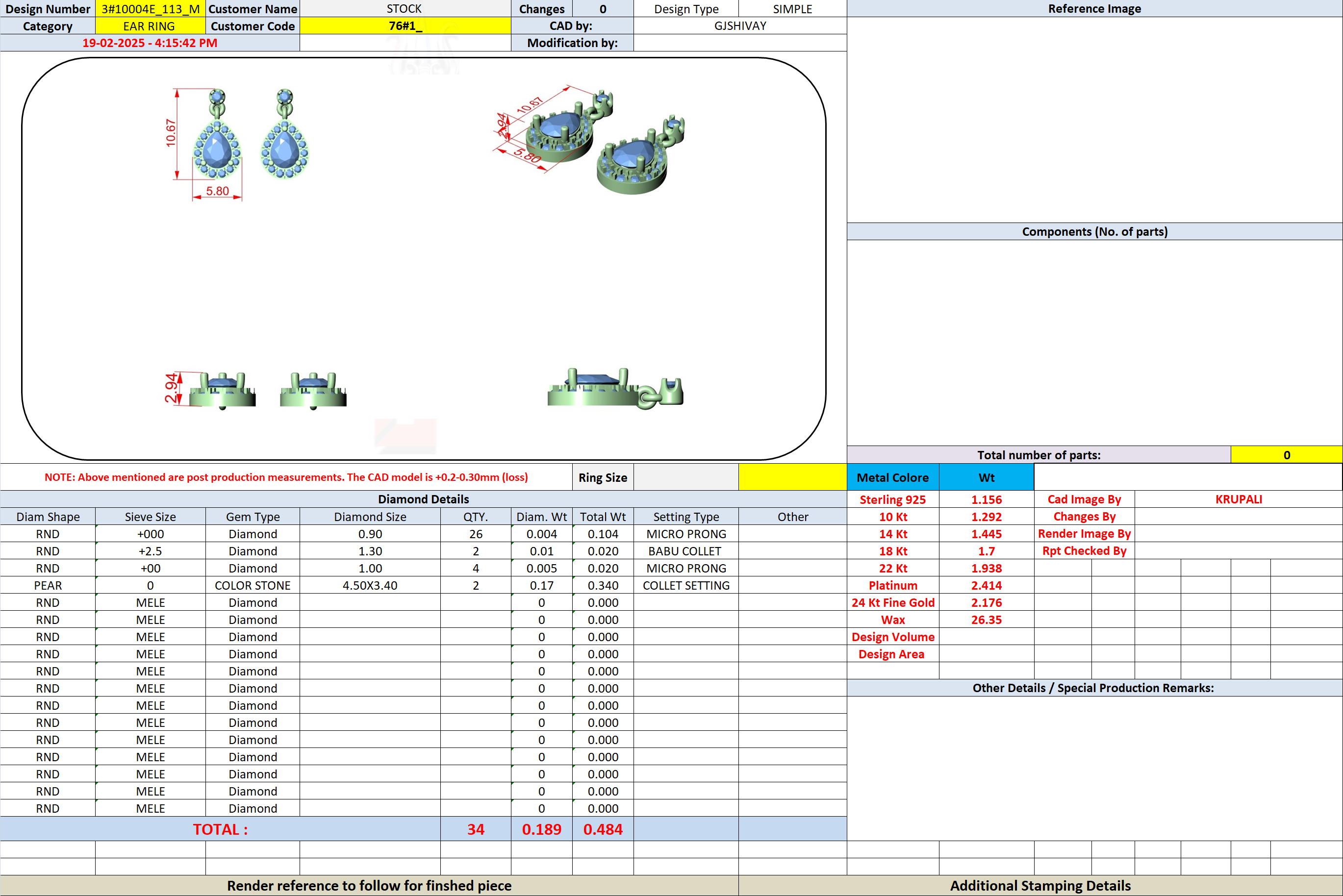 Earring specification sheet showing pear halo drop and measurements