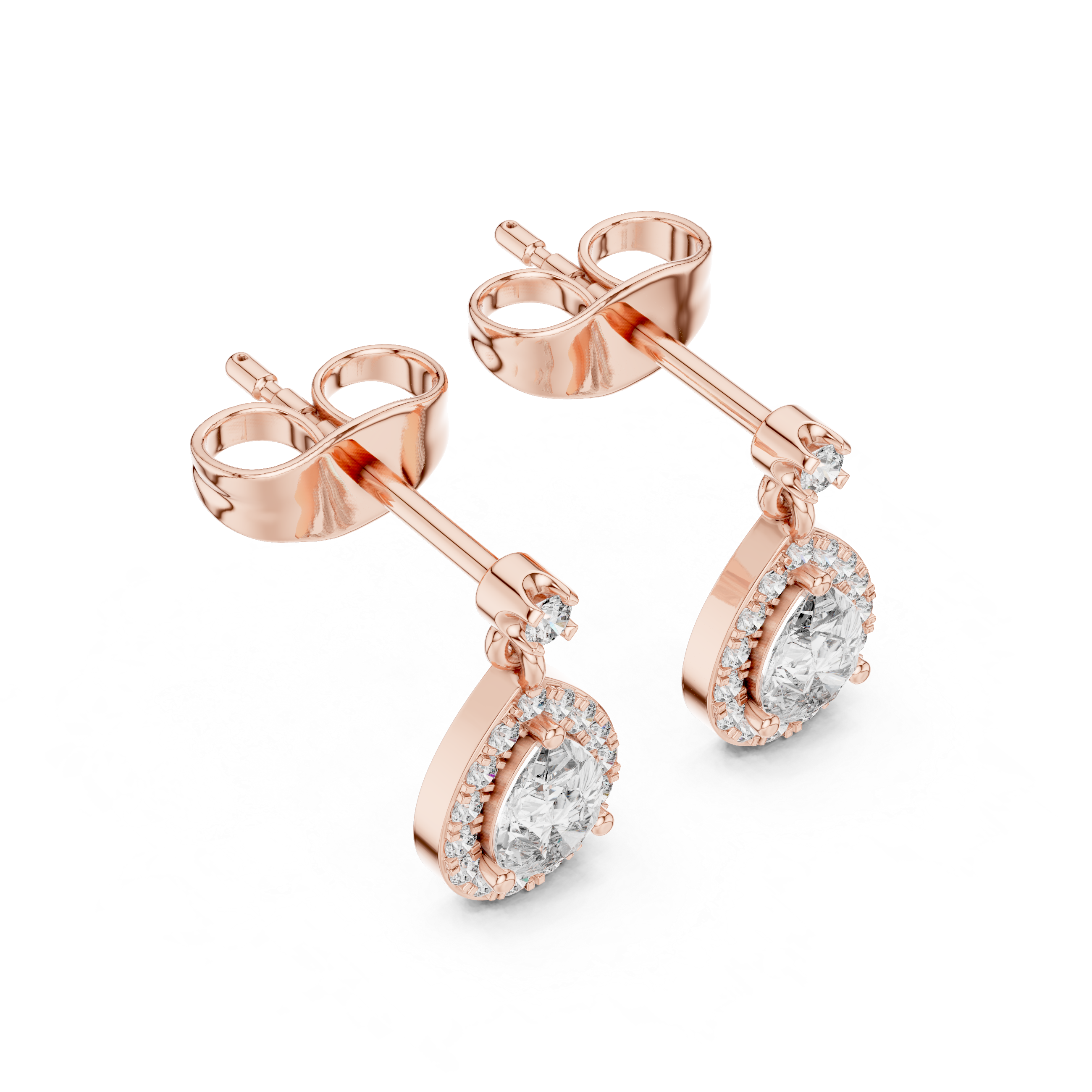 Pear-cut stone halo drop earrings in rose gold, pear-shaped center stones