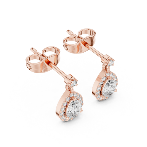 Pear-cut stone halo drop earrings in rose gold, pear-shaped center stones