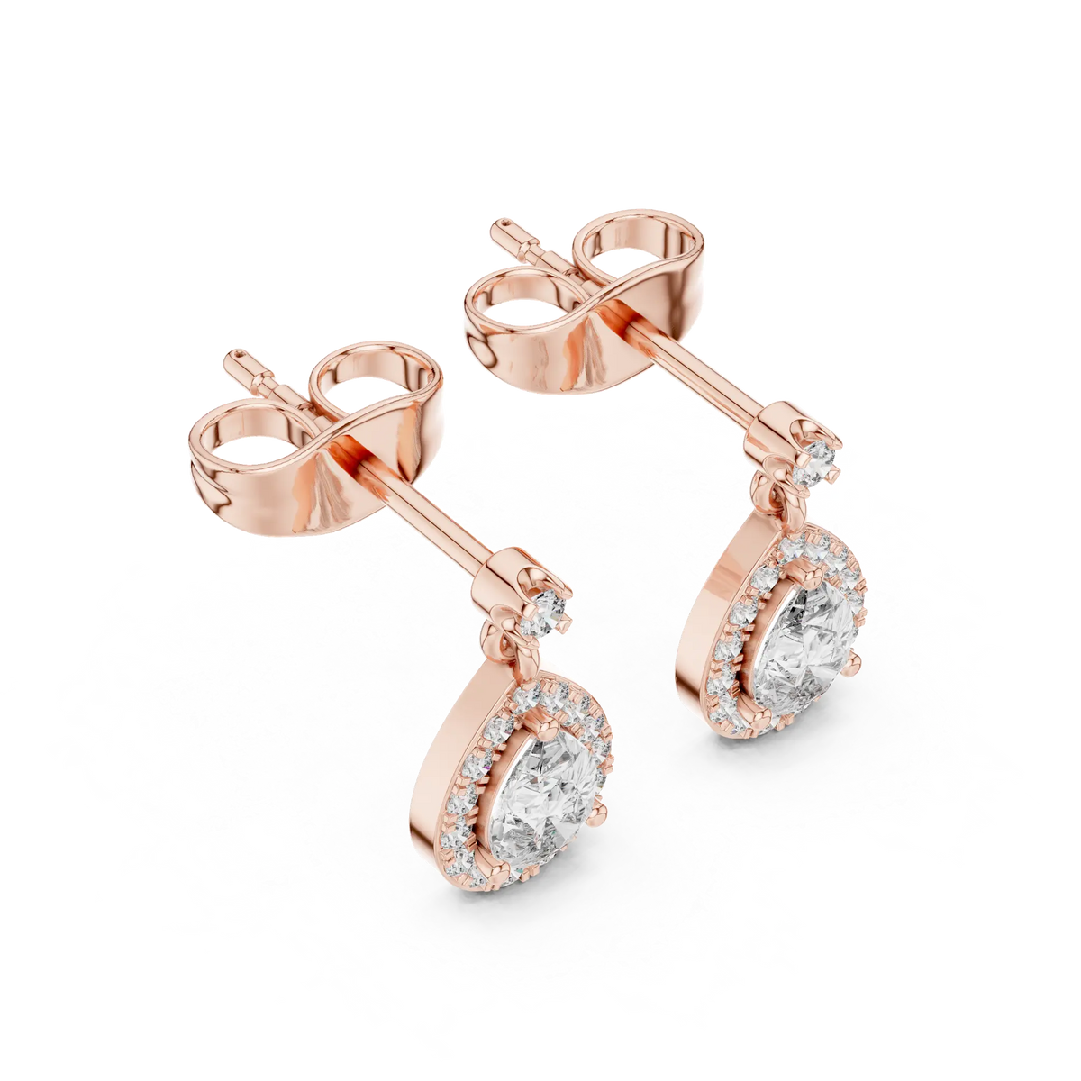Pear-cut stone halo drop earrings in rose gold, pear-shaped center stones