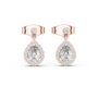 Rose gold pear-shaped drop diamond earrings with round center stone and pavé border