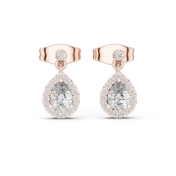 Rose gold pear-cut stone halo drop earrings with diamond pavé