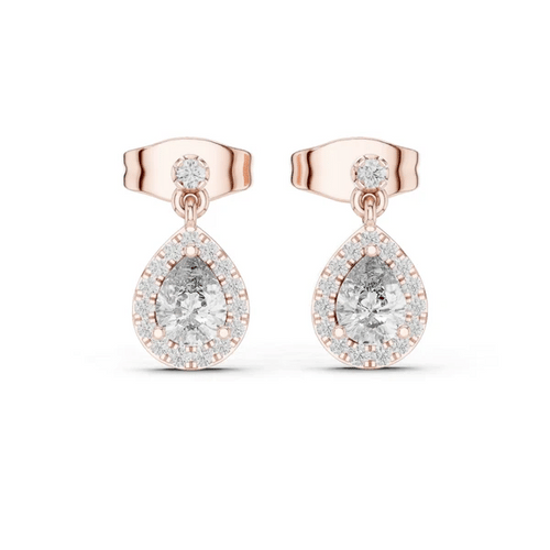 Rose gold pear-cut stone halo drop earrings with diamond pavé