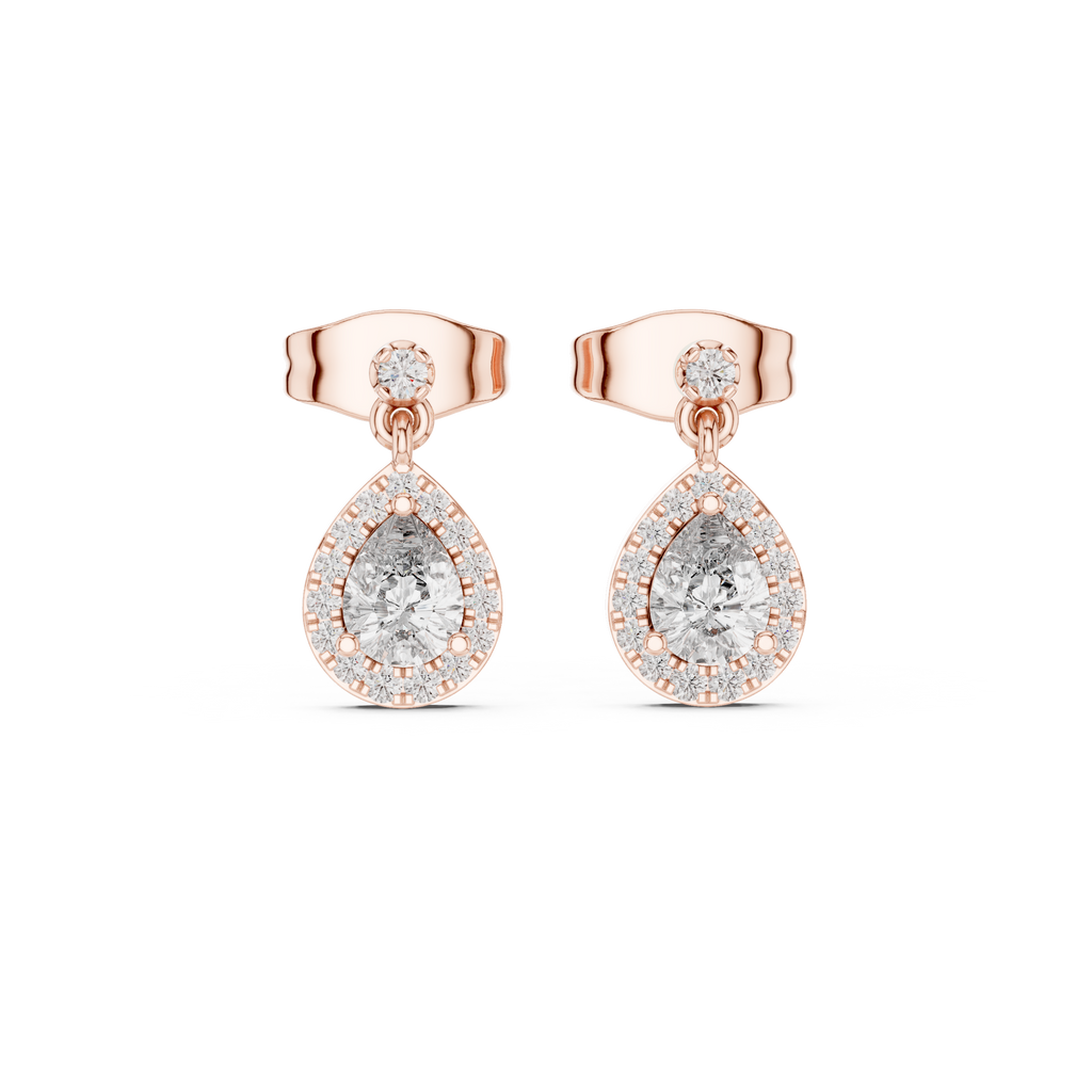 Pear-cut stone halo drop earrings in rose gold, front view with oval halo settings