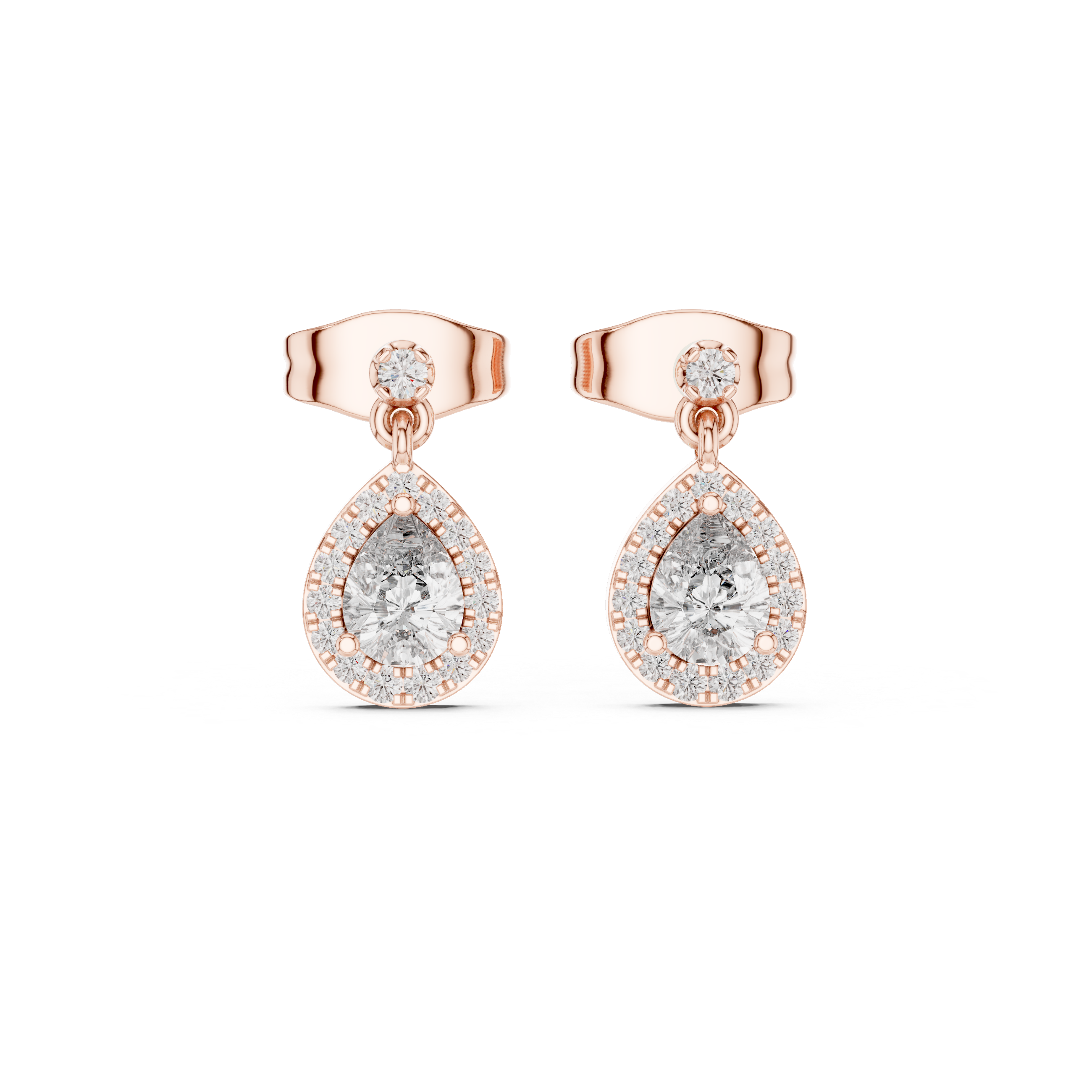 Pear-cut stone halo drop earrings in rose gold, front view with oval halo settings