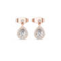 Pear-cut stone halo drop earrings in rose gold, front view with oval halo settings