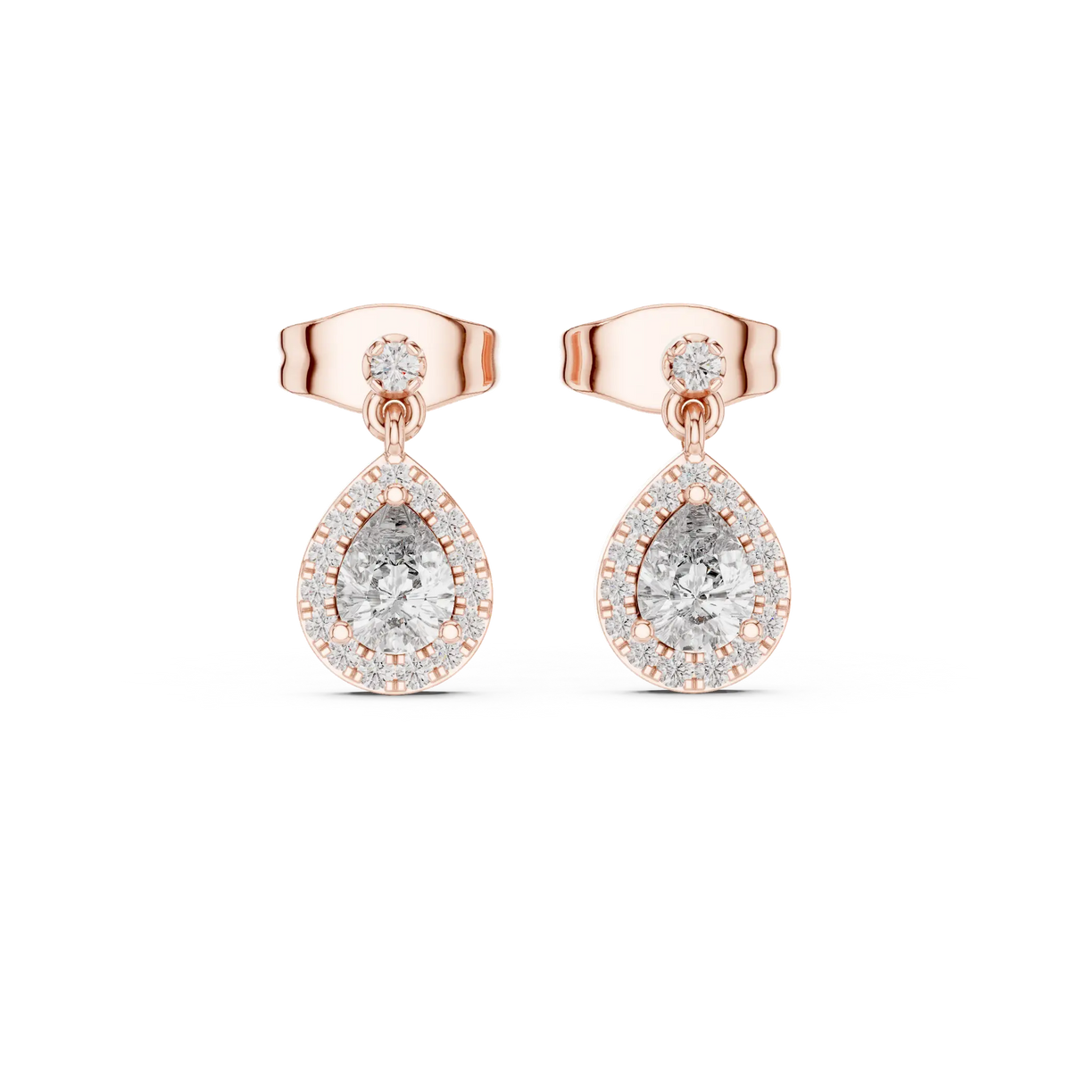 Pear-cut stone halo drop earrings in rose gold, front view with oval halo settings