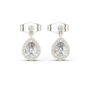 White gold pear-shaped drop diamond earrings with round center stone and pavé border