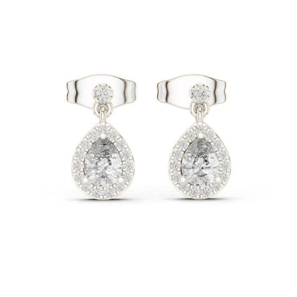 White gold pear-cut stone halo drop earrings with diamond pavé