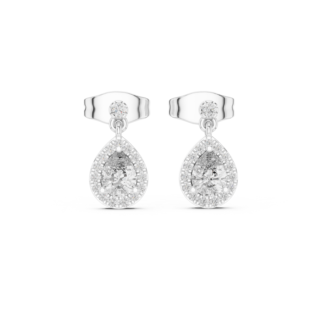 Pear-cut stone halo drop earrings in white gold, front view with teardrop halo frames