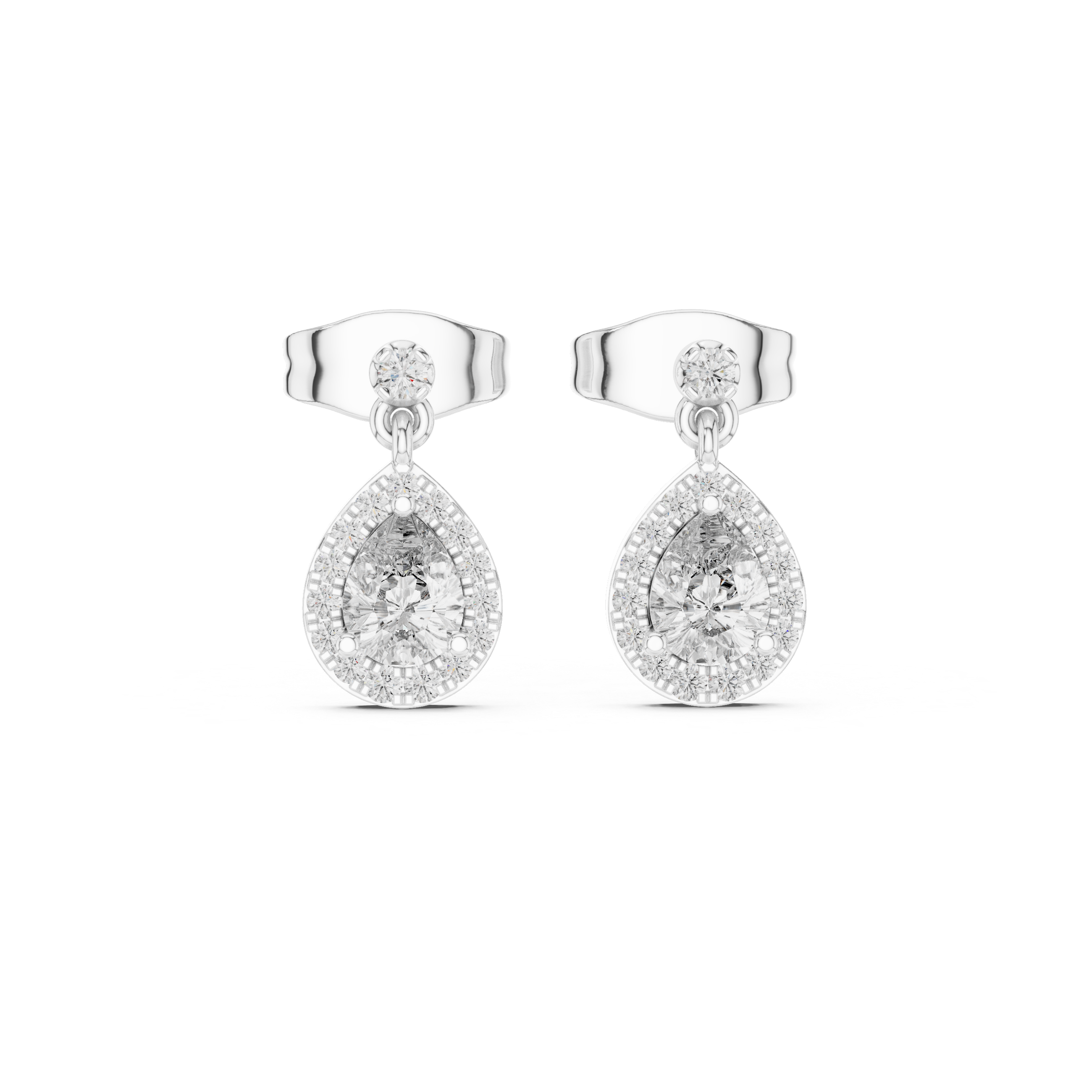 Pear-cut stone halo drop earrings in white gold, front view with teardrop halo frames