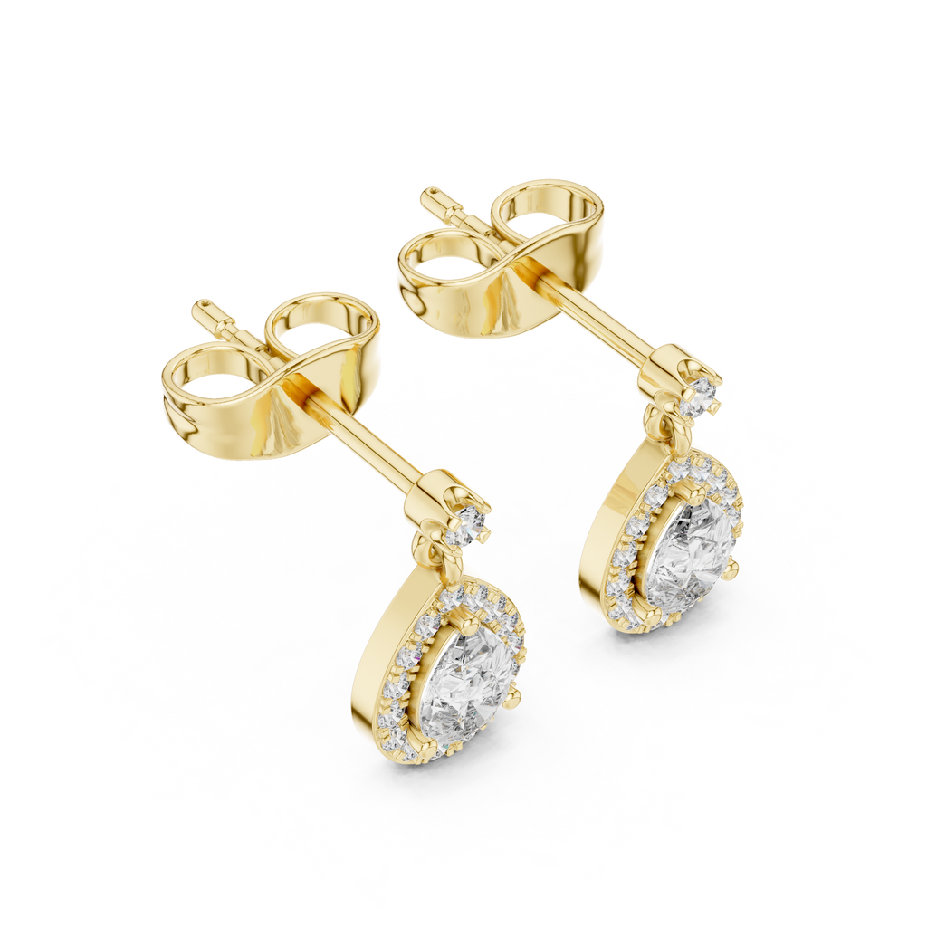 Pear-cut stone halo drop earrings in yellow gold, angled view with pear-shaped dangles