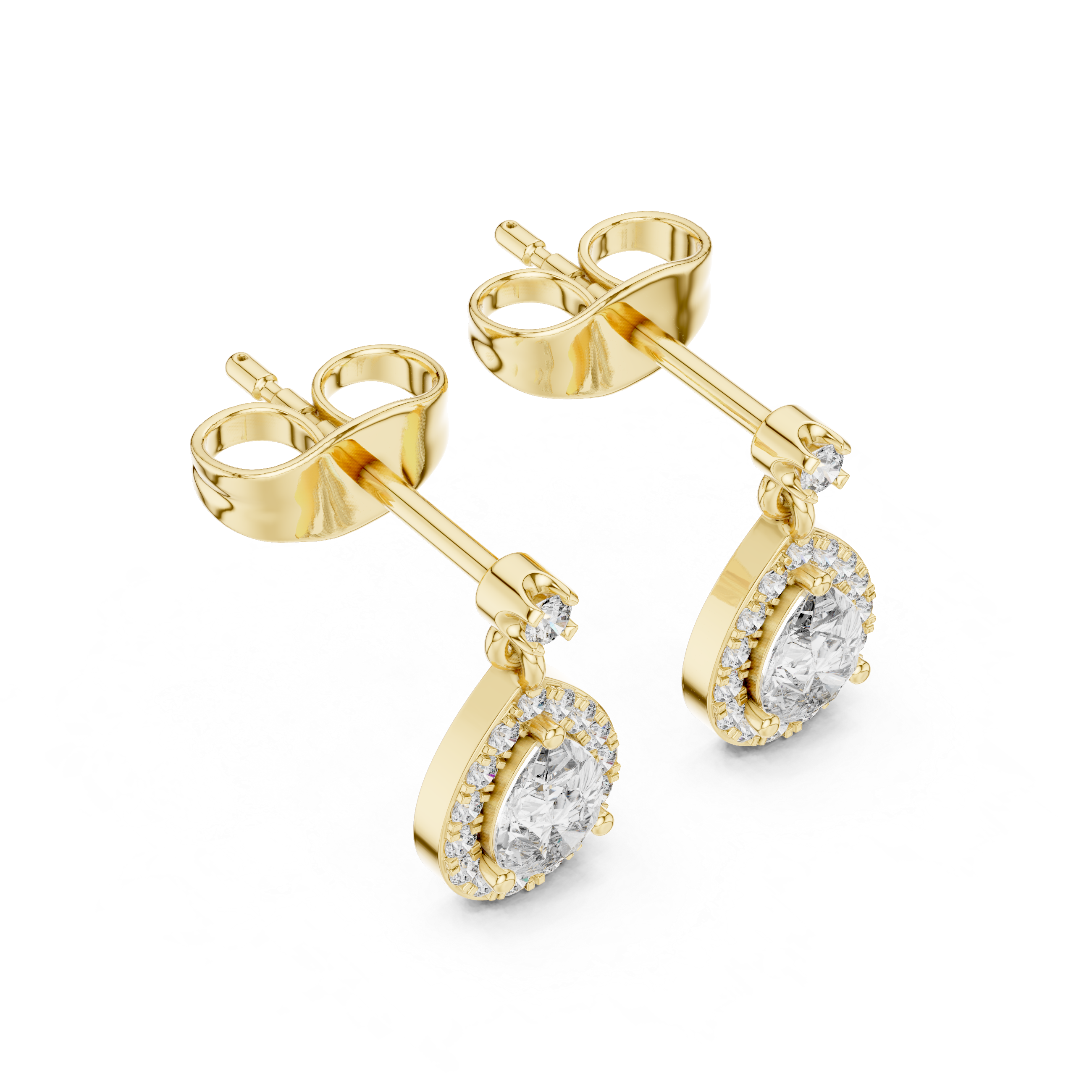 Pear-cut stone halo drop earrings in yellow gold, angled view with pear-shaped dangles