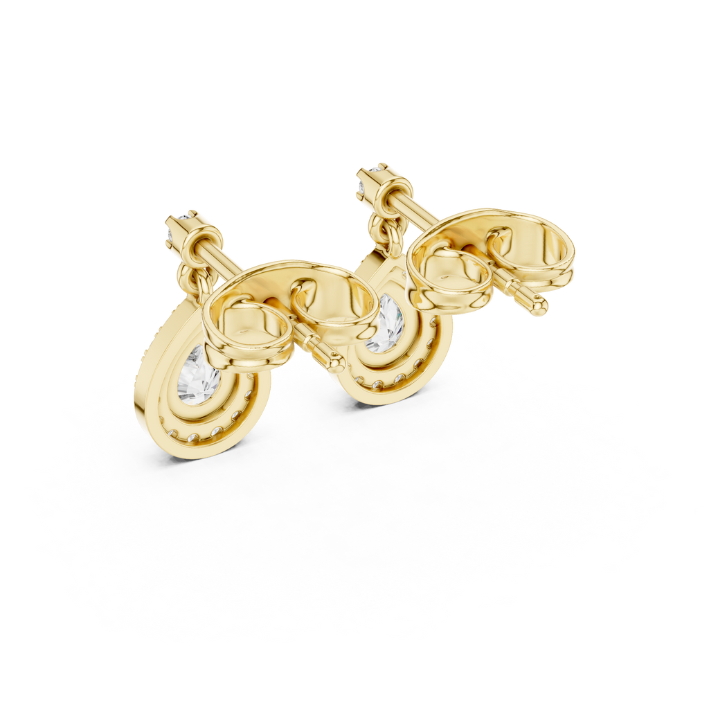 Pear-cut stone halo drop earrings in yellow gold, side/back view with teardrop settings