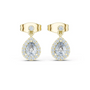 Yellow gold pear-shaped drop diamond earrings with round center stone and pavé border