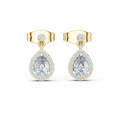 Yellow gold pear-shaped drop diamond earrings with round center stone and pavé border