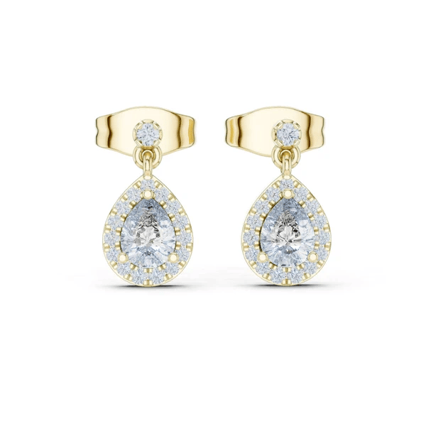 Yellow gold pear-cut stone halo drop earrings with diamond pavé