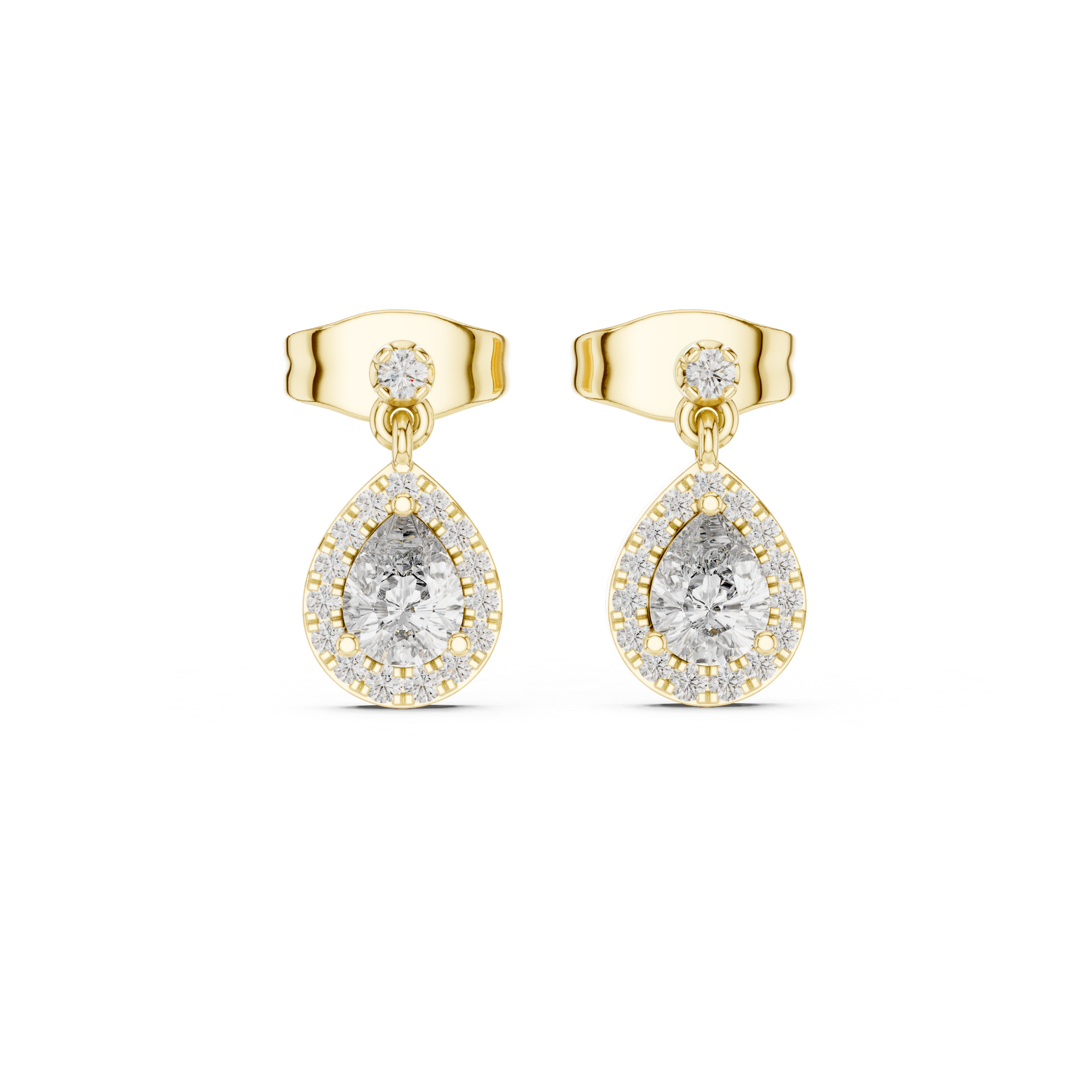 Yellow gold pear-drop diamond earrings with round top stone and halo accents