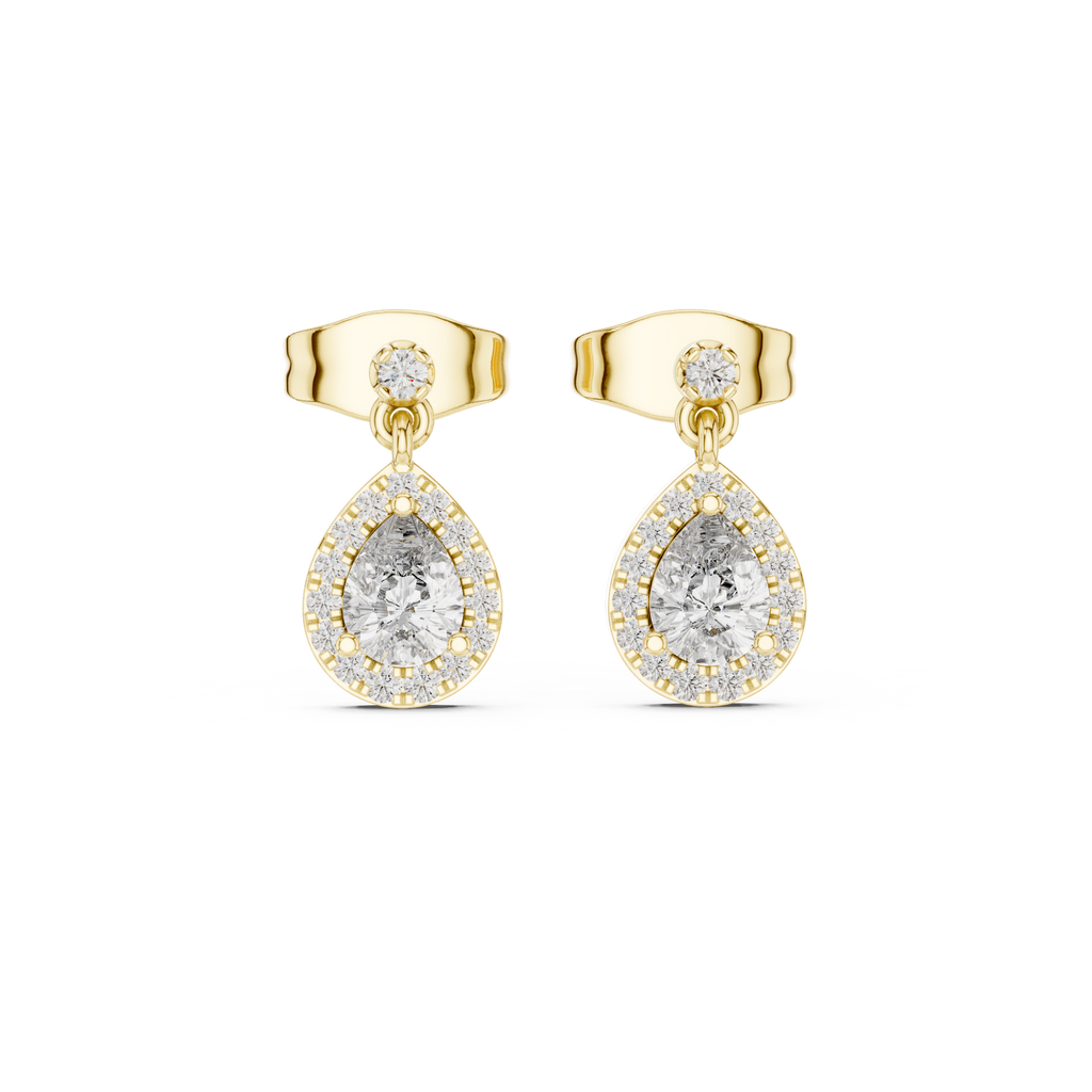 Pear-shaped halo drop earrings with round accents, yellow gold