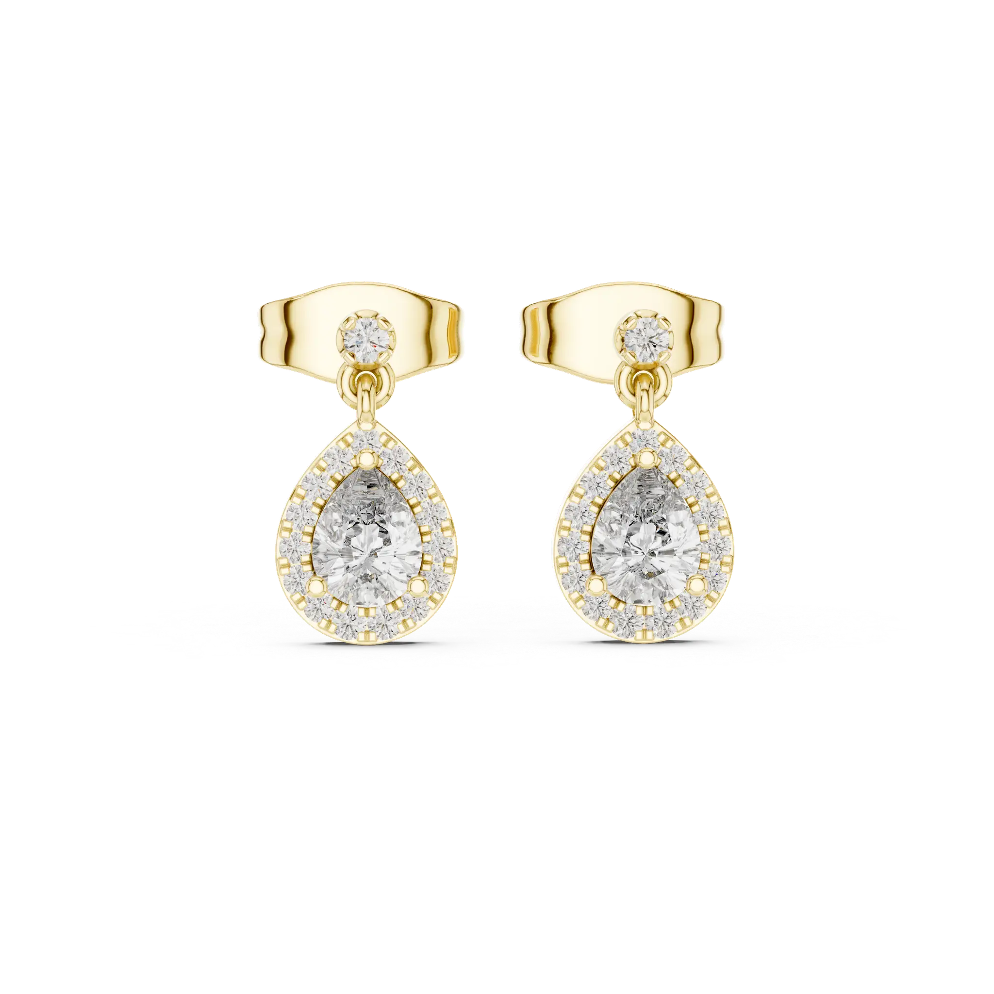 Yellow gold pear-drop diamond earrings with round top stone and halo accents