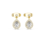 Yellow gold pear-drop diamond earrings with round top stone and halo accents