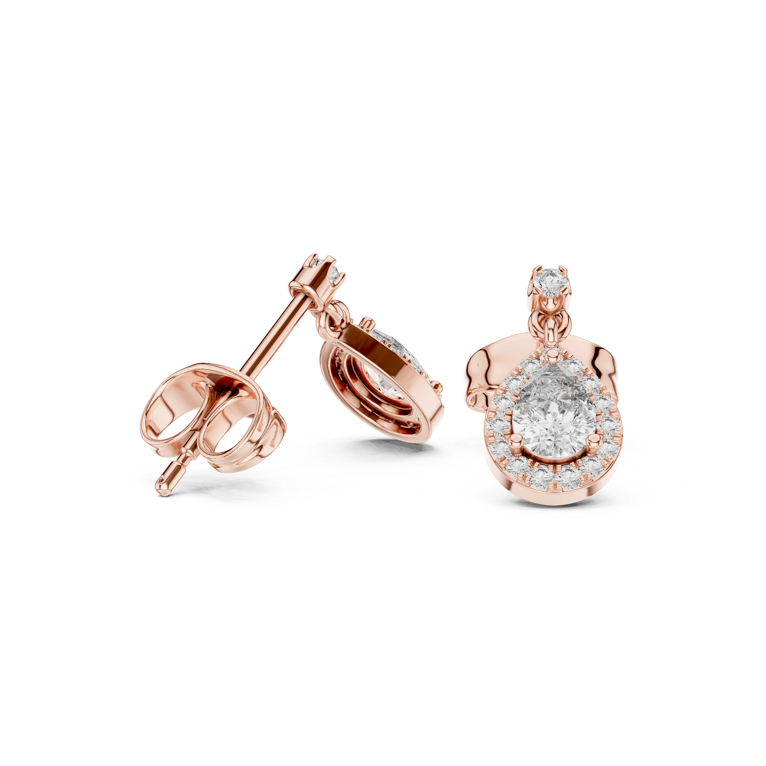 Pear-cut stone halo drop earrings in rose gold, back view with pear-shaped drops