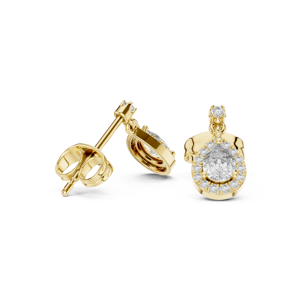 Pear-shaped halo drop earrings, yellow gold with round halo accents