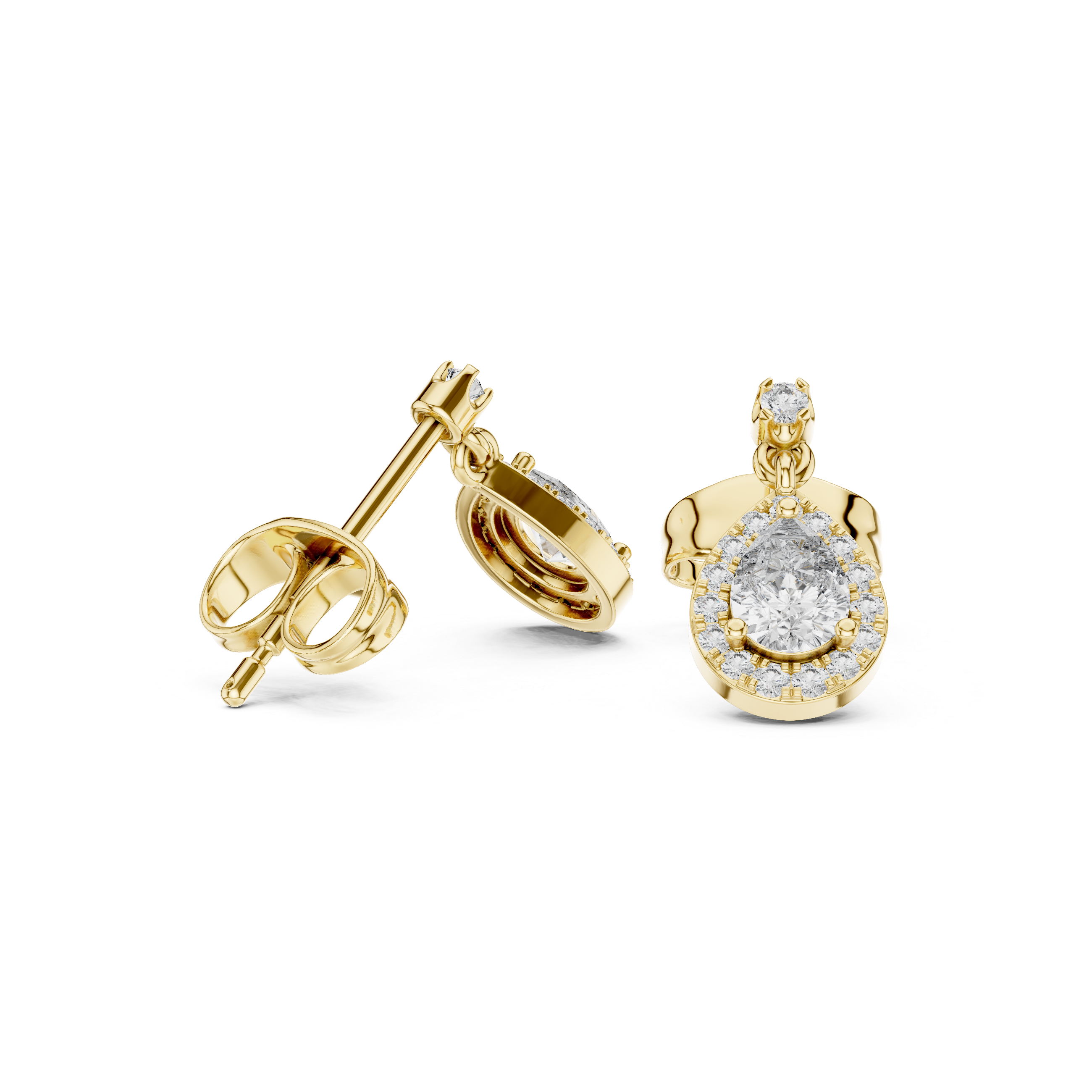 Pear-shaped halo drop earrings, yellow gold with round halo accents