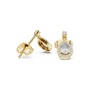 Yellow gold pear-drop diamond earrings with round top stone and pavé halo around the drop