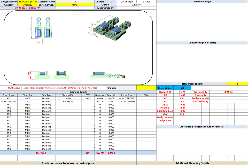 Jewelry CAD specification sheet for diamond drop earrings with part list and totals