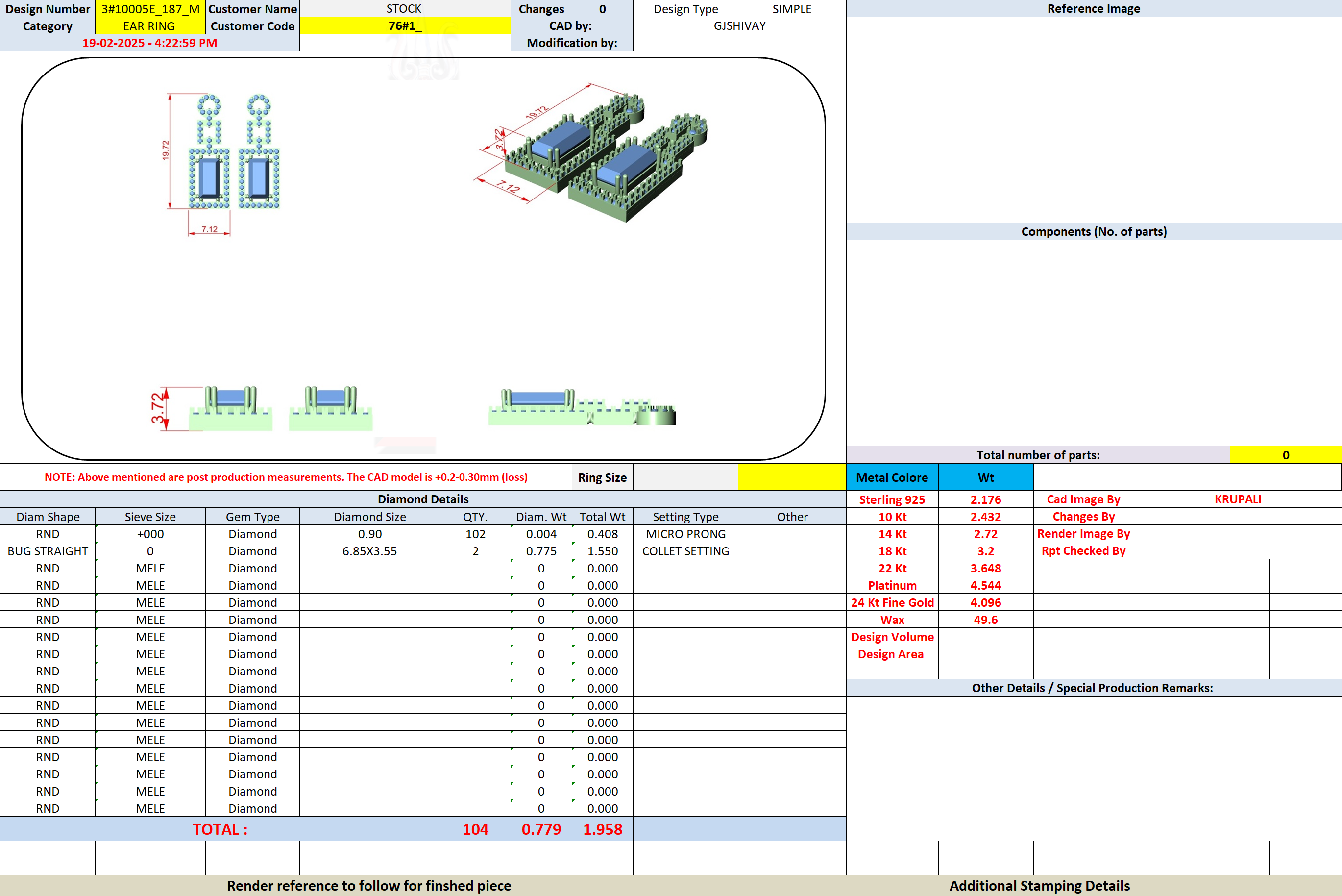 Jewelry CAD specification sheet for diamond drop earrings with part list and totals