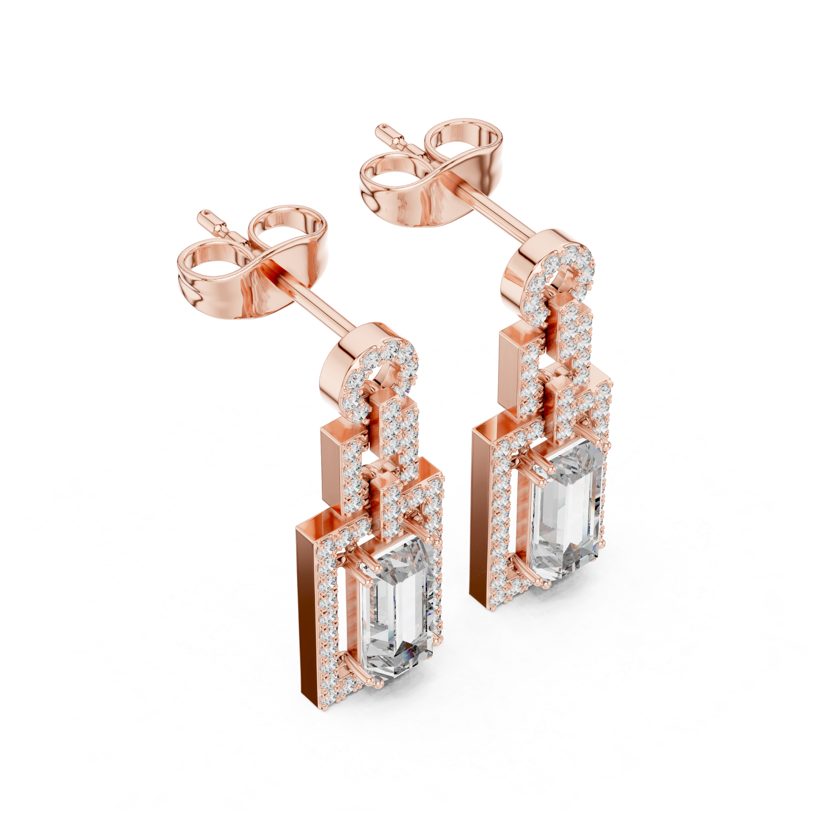 Rose gold tone geometric halo drop earrings, angled view showing emerald-cut centers