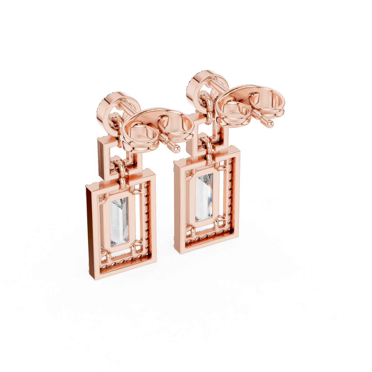 Rose gold tone geometric halo drop earrings, side view with emerald-cut stone frames