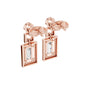 Rose gold tone geometric halo drop earrings, side view with emerald-cut stone frames