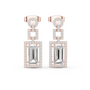 Rose gold drop earrings featuring rectangular stone and pavé halo on each drop