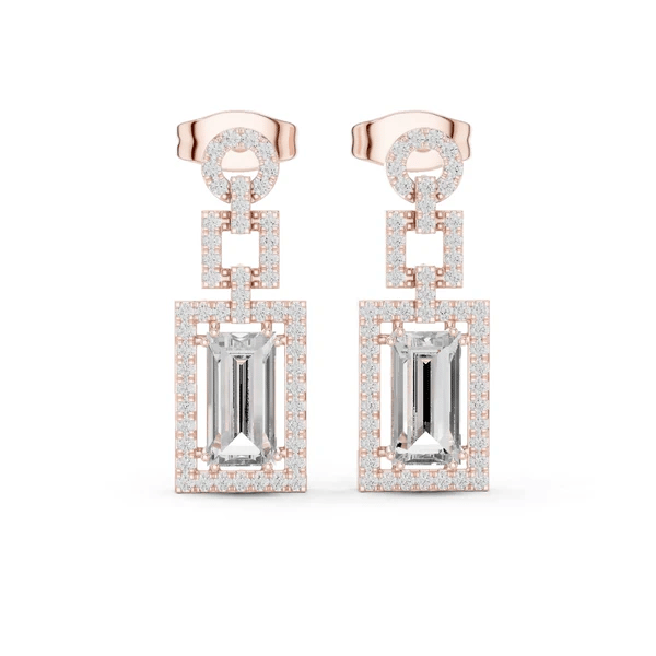 White gold geometric halo drop earrings with emerald-cut center diamond