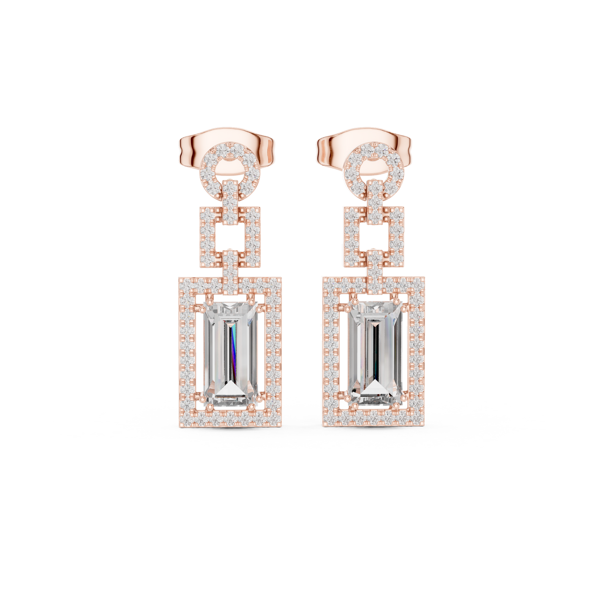 Rose gold tone geometric halo drop earrings with emerald-cut center stones and pavé
